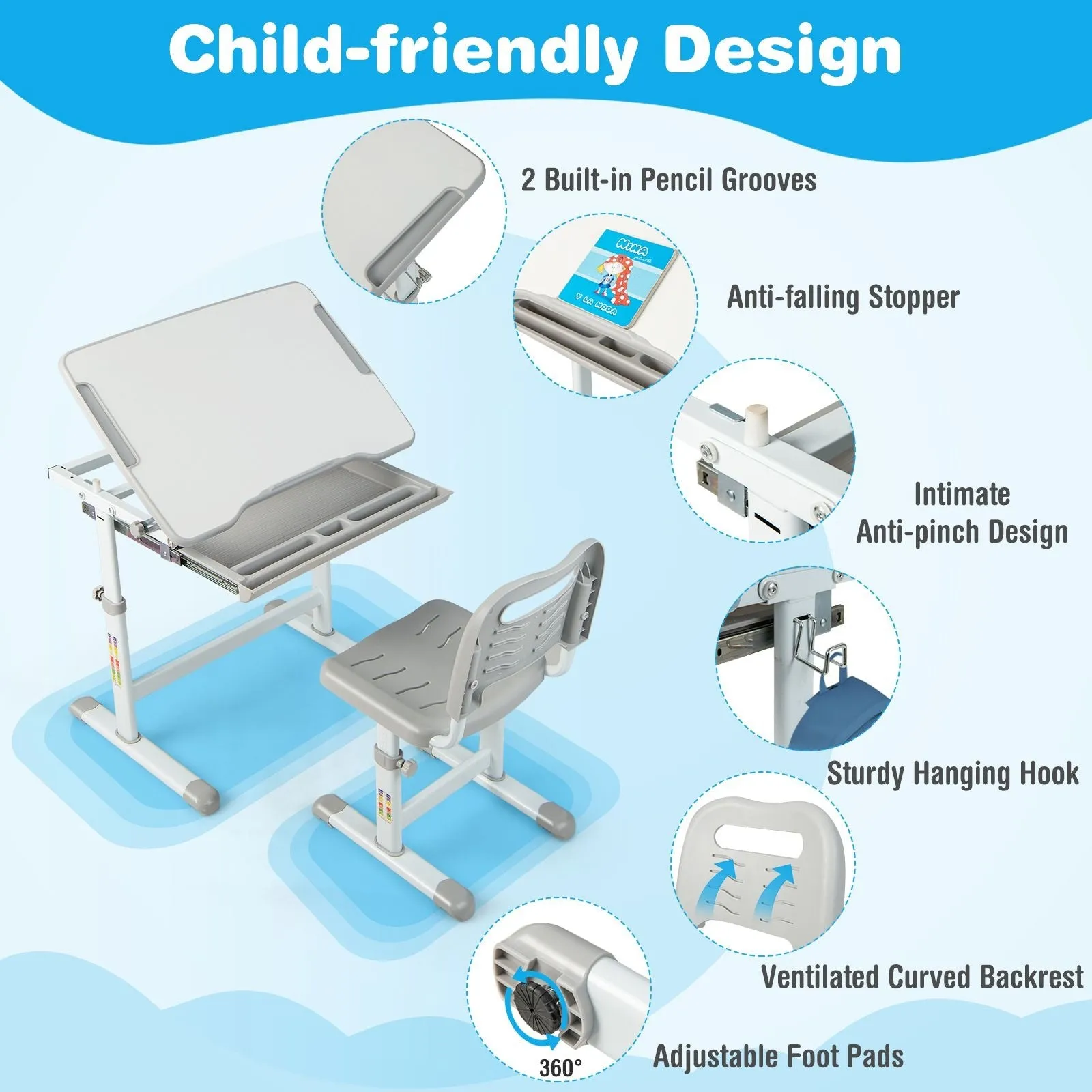 Kids Height Adjustable Desk with Spine-Supporting Chair | Tilting Desktop | Colour Options