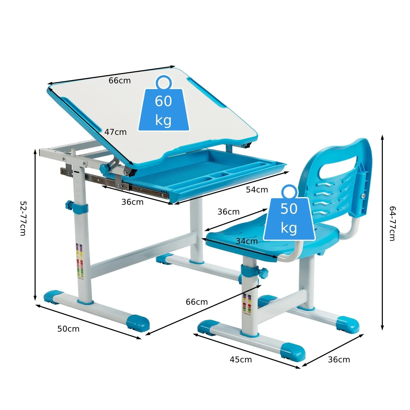 Kids Height Adjustable Desk with Spine-Supporting Chair | Tilting Desktop | Colour Options