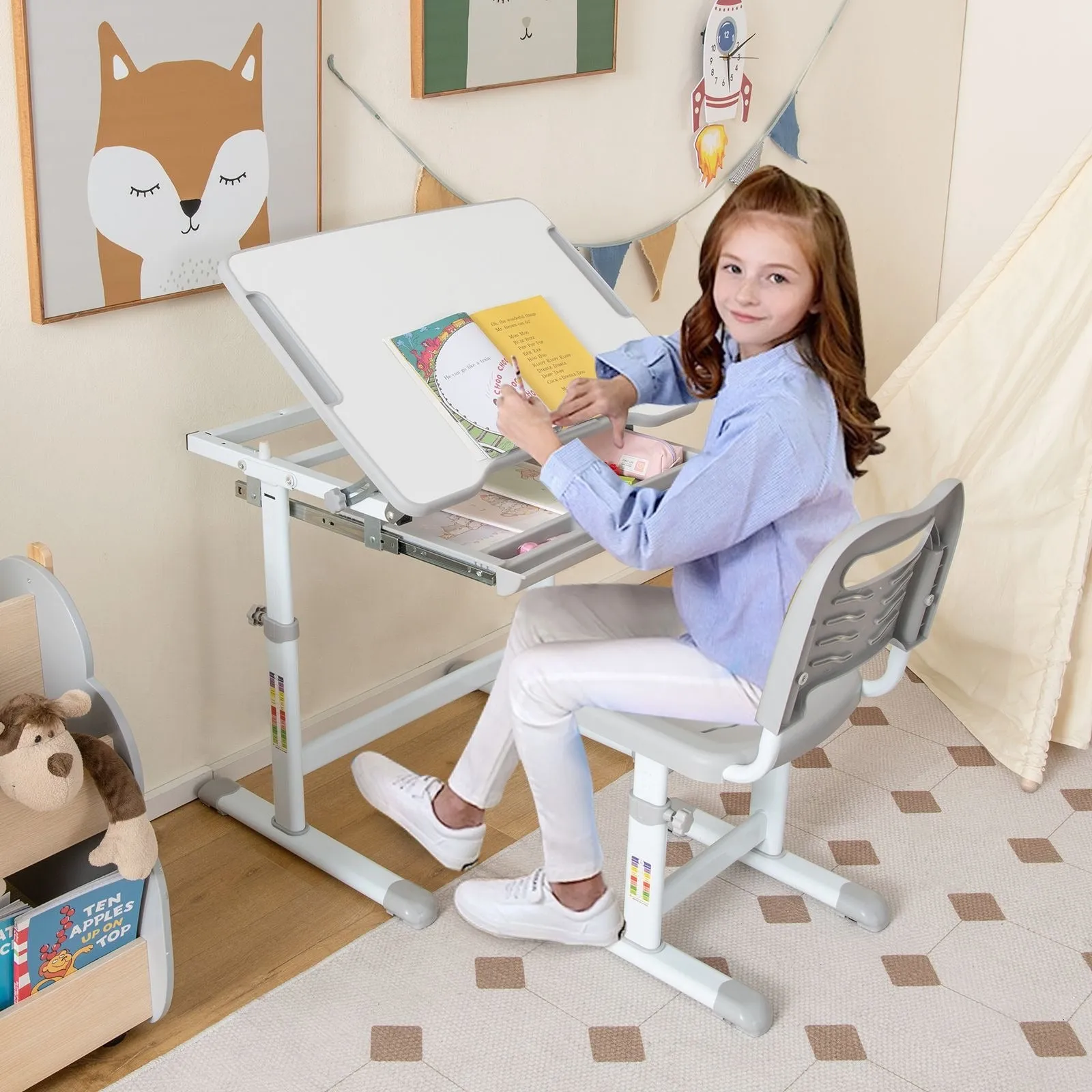 Kids Height Adjustable Desk with Spine-Supporting Chair | Tilting Desktop | Colour Options