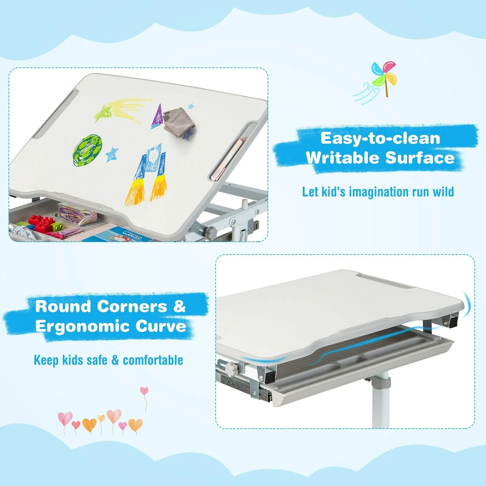 Kids Height Adjustable Desk with Spine-Supporting Chair | Tilting Desktop | Colour Options