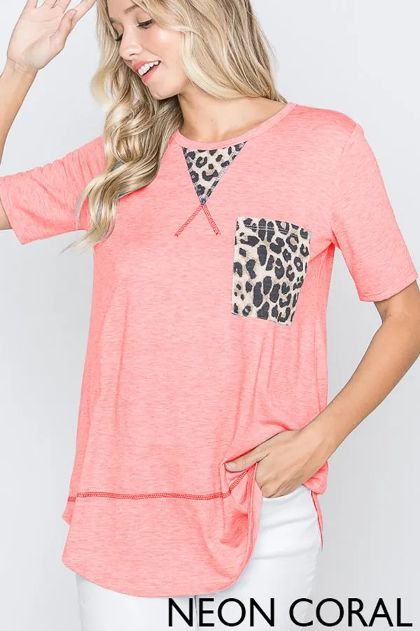 Leopard Accent Tee in Neon Coral