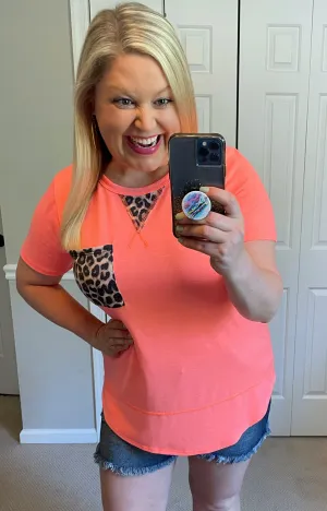 Leopard Accent Tee in Neon Coral