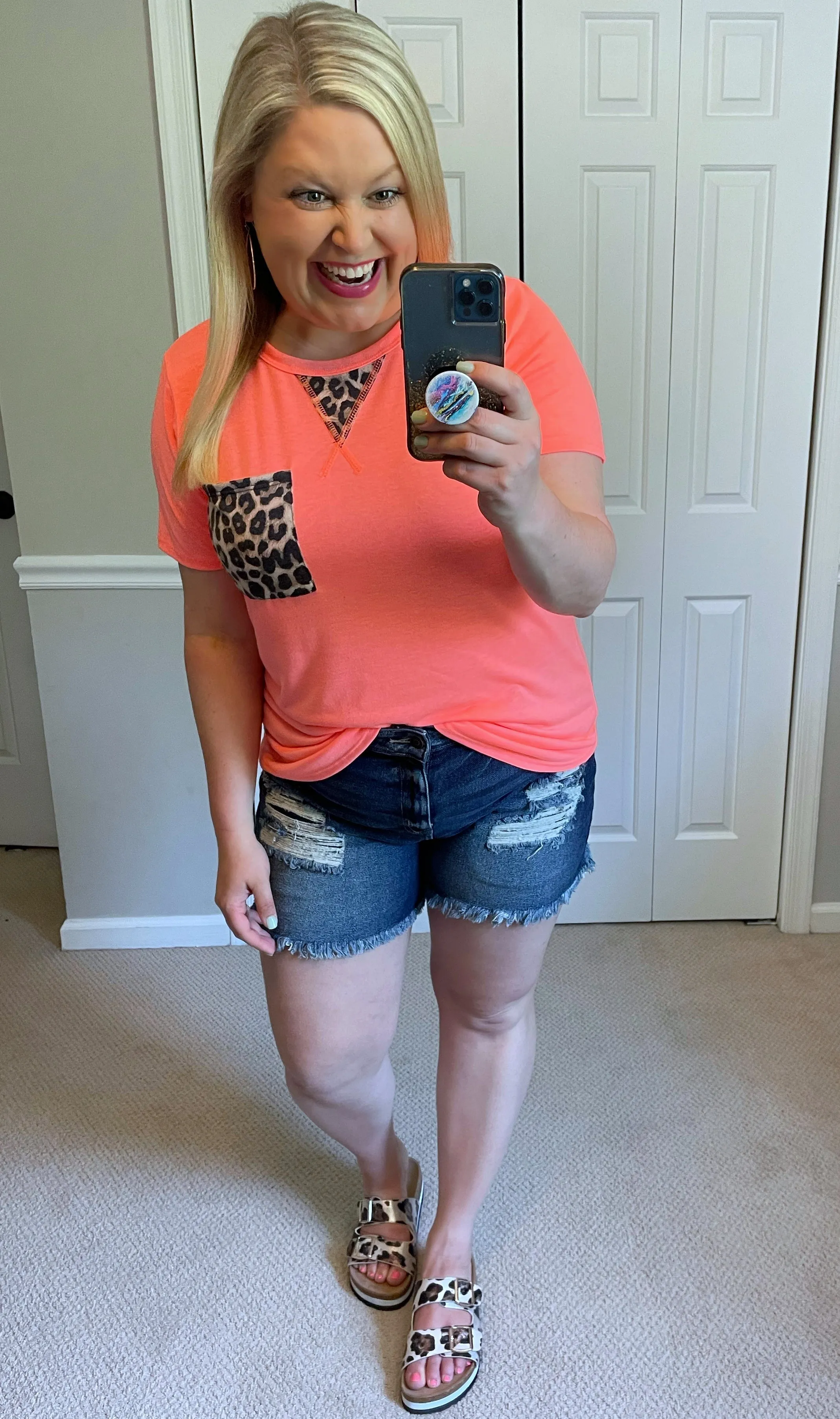 Leopard Accent Tee in Neon Coral