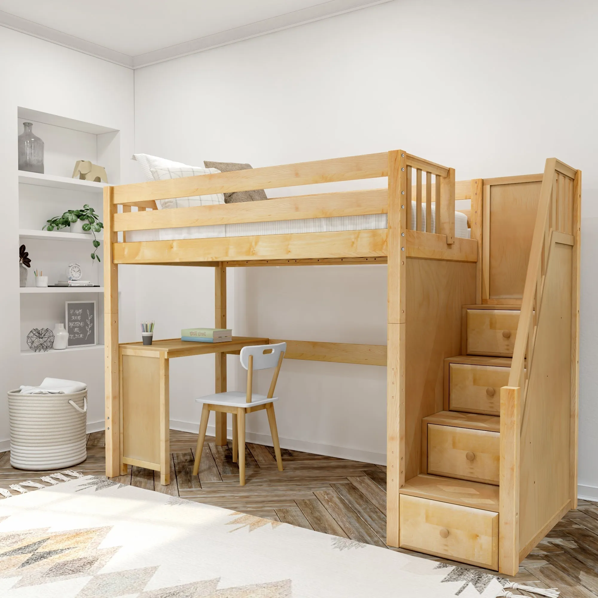 Maxtrix Twin High Loft Bed with Stairs with Corner Desk
