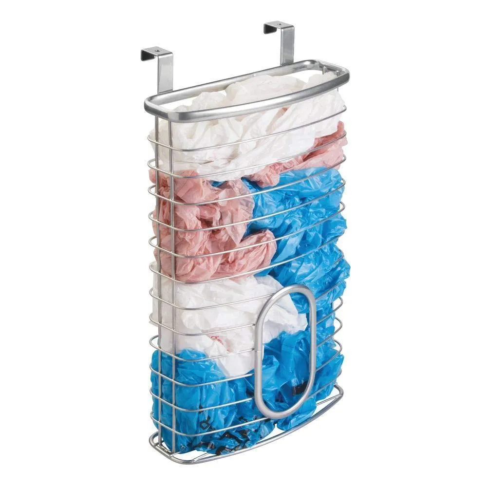 mDesign Metal Over Cabinet Kitchen Storage Organizer Holder or Basket - Hang Over Cabinet Doors in Kitchen/Pantry - Holds up to 50 Plastic Shopping Bags - Silver