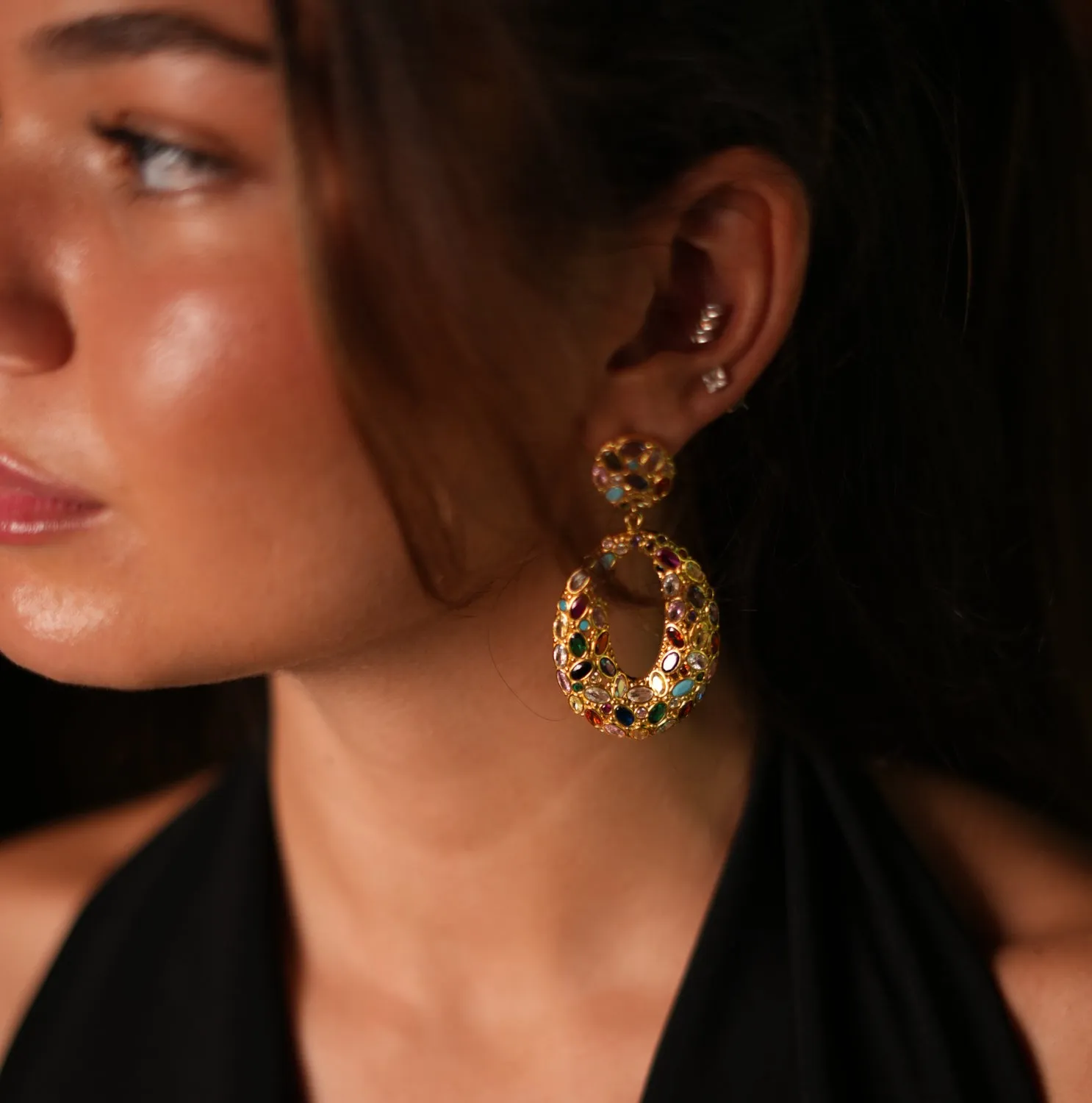 Multi Gemstone & Gold Stylish Look Chunky Dangle Earrings
