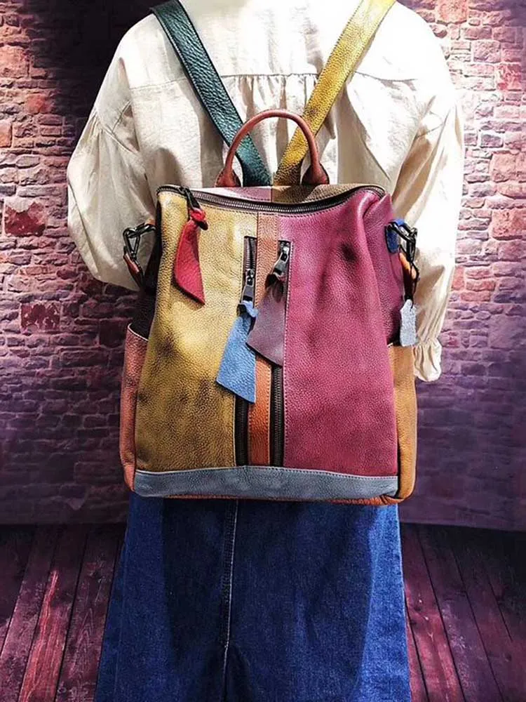 Multicolor Women Leather Zipper Backpack