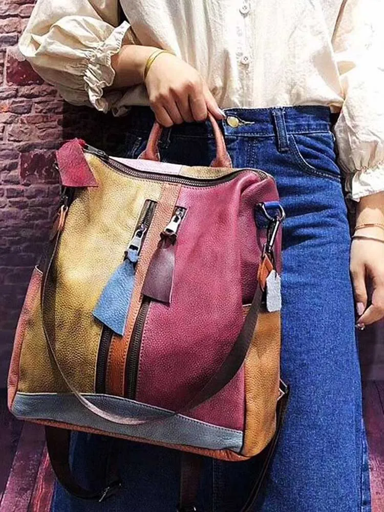 Multicolor Women Leather Zipper Backpack