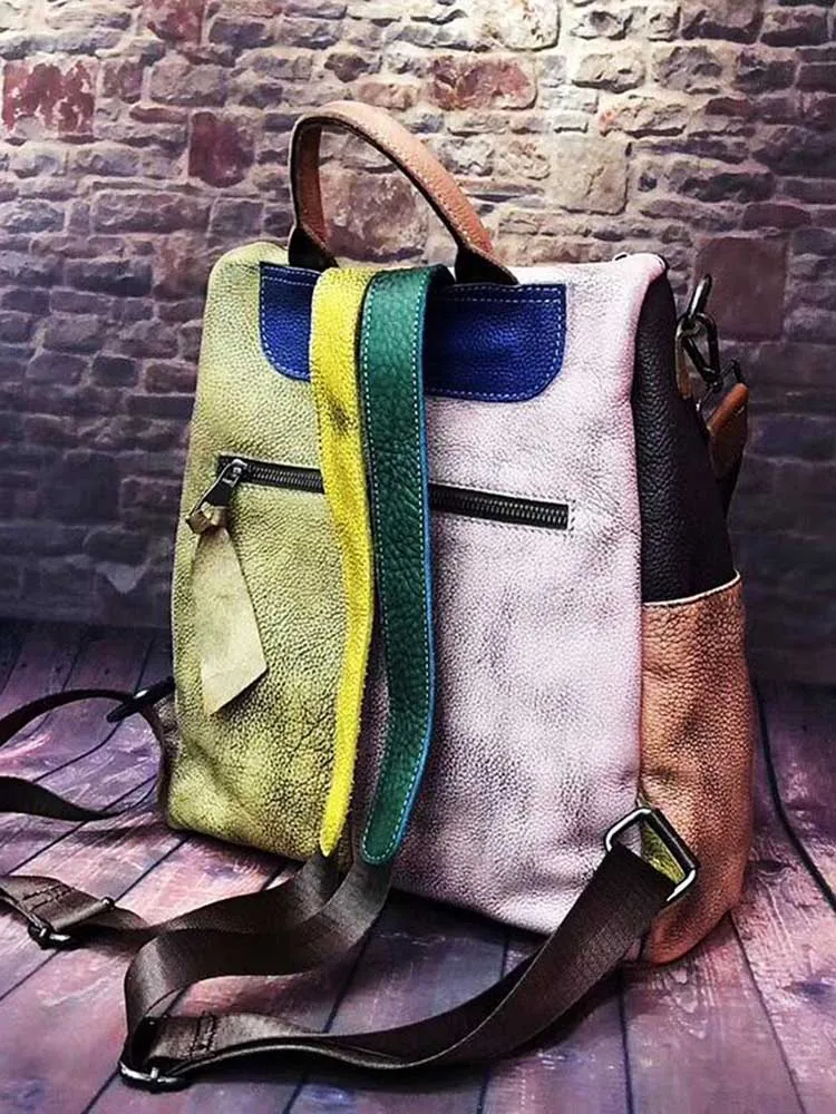 Multicolor Women Leather Zipper Backpack