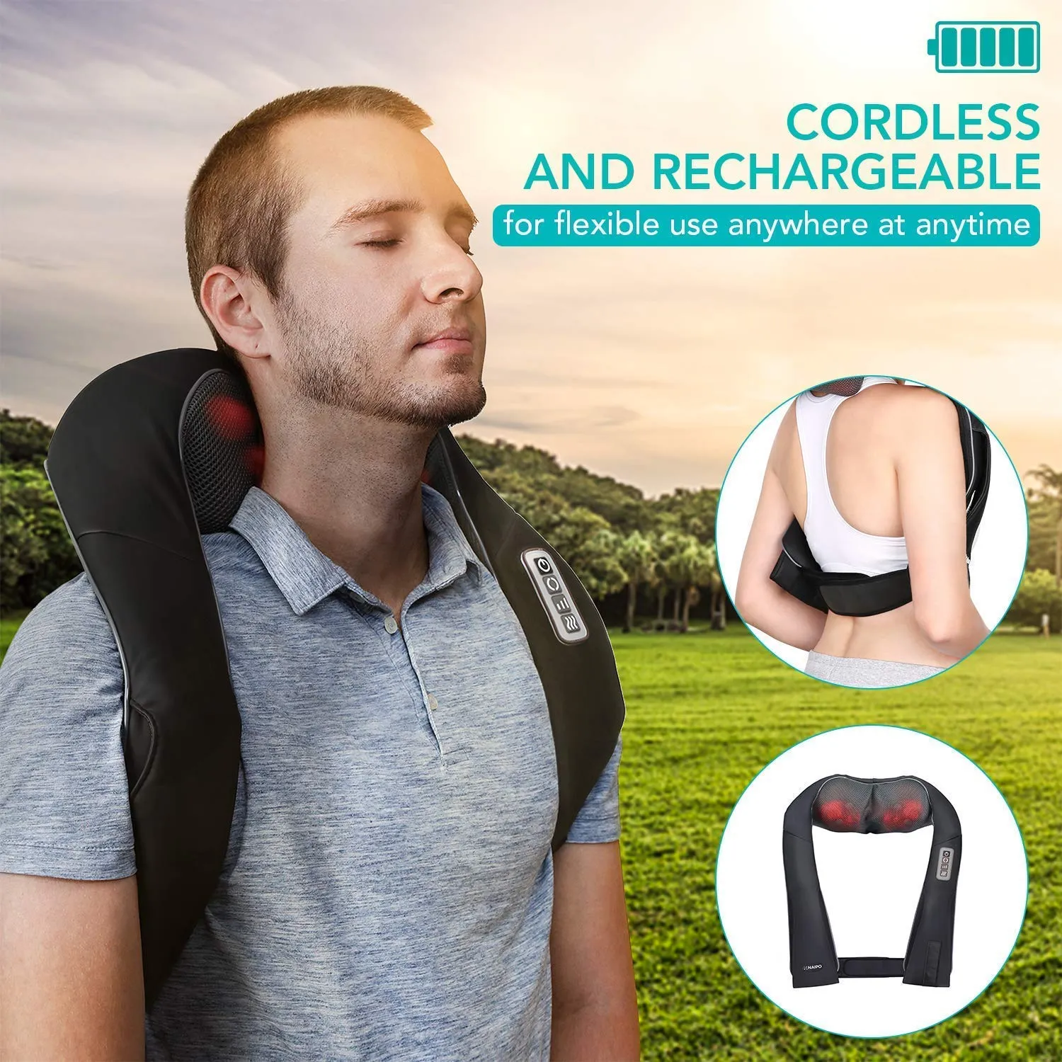 Naipo Back Neck and Shoulder Massager Shiatsu with Heat and 3D Deep Tissue Kneading for Anytime Anywhere Use (Cordless & Rechargeable)