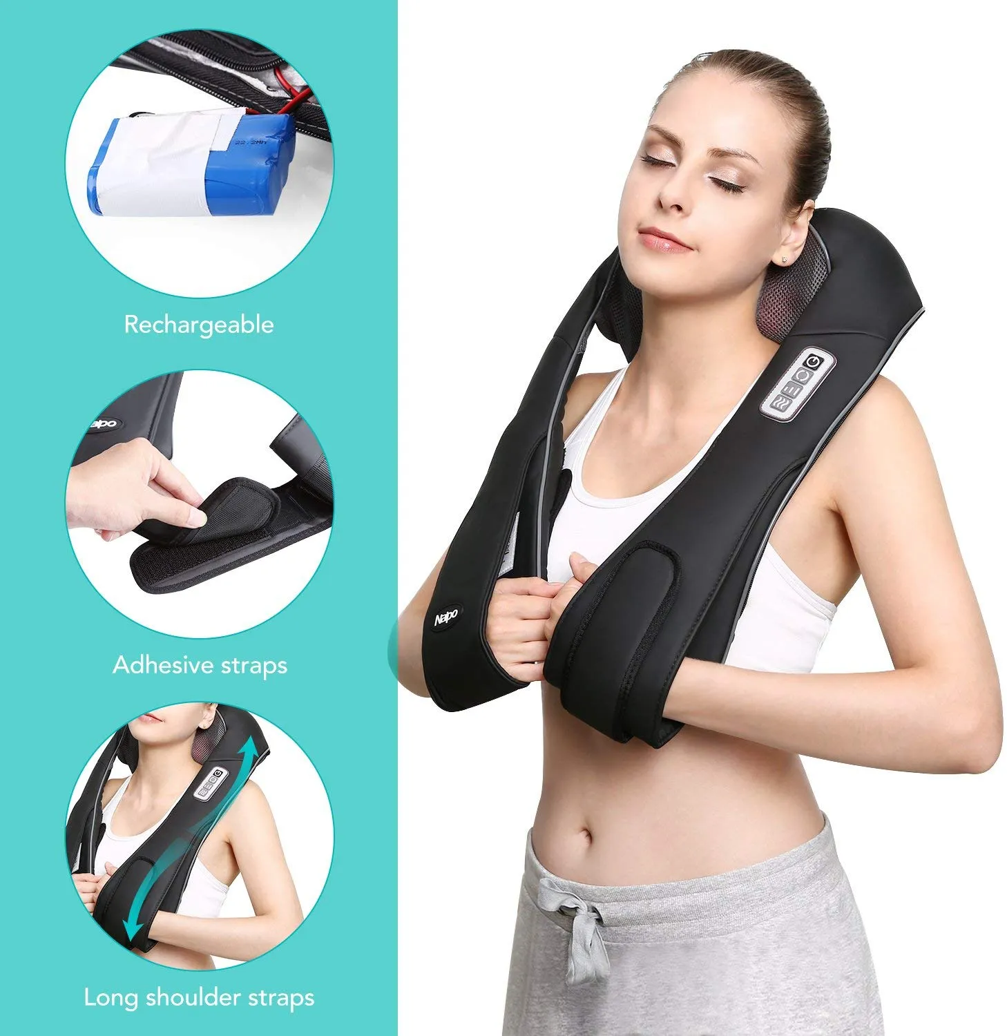 Naipo Back Neck and Shoulder Massager Shiatsu with Heat and 3D Deep Tissue Kneading for Anytime Anywhere Use (Cordless & Rechargeable)