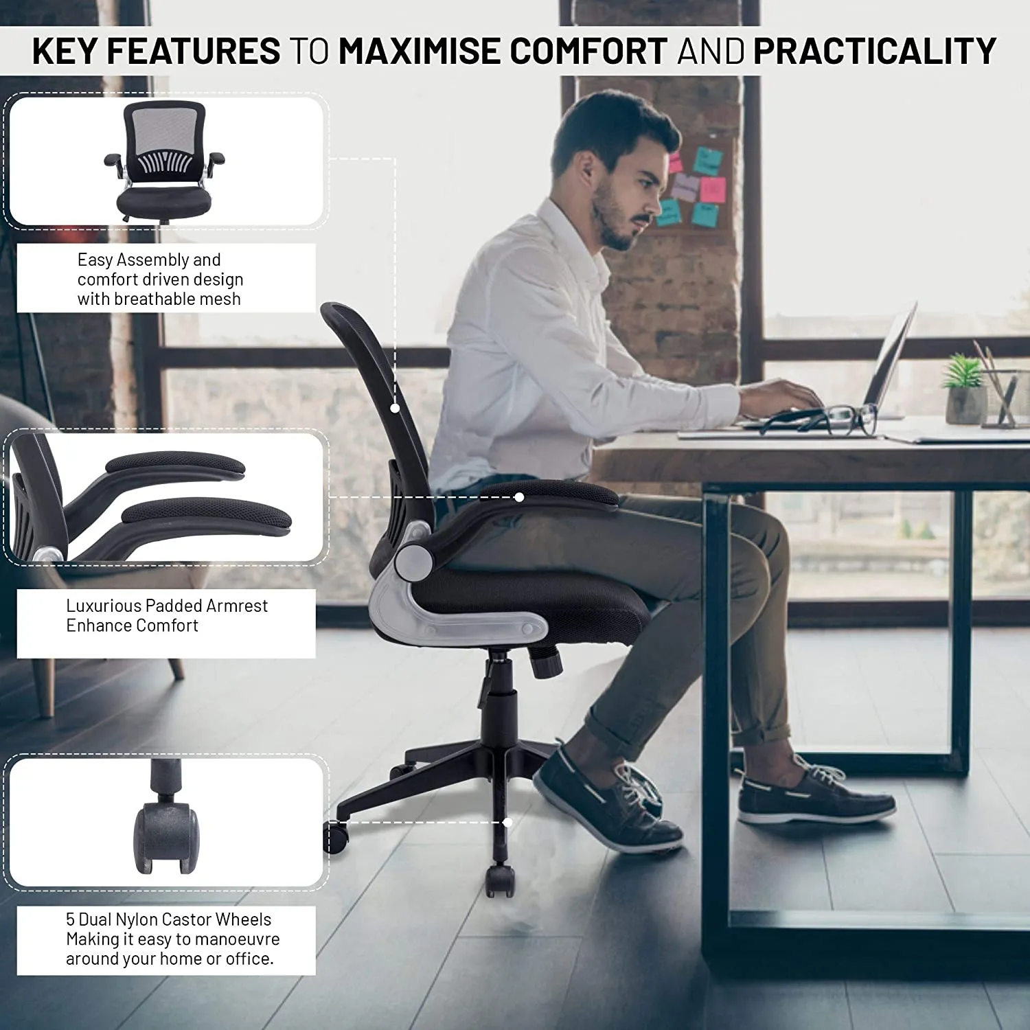 Olsen & Smith Ergonomic Mesh Office Desk Operator Chair Swivel PC Computer Office Chairs with Arms and Back Support for Home & Office Use for Adults Black