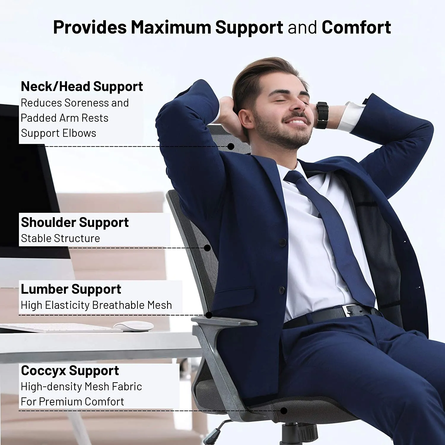 Olsen & Smith Ergonomic Mesh Office Desk Operator Chair Swivel PC Computer Office Chairs with Arms and Back Support for Home & Office Use for Adults Black
