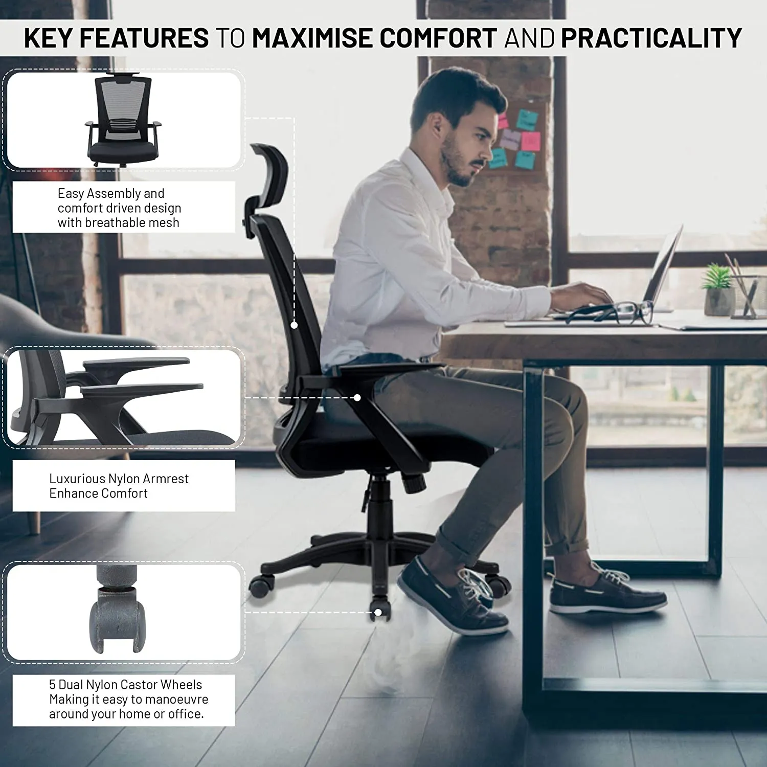 Olsen & Smith Ergonomic Mesh Office Desk Operator Chair Swivel PC Computer Office Chairs with Arms and Back Support for Home & Office Use for Adults Black