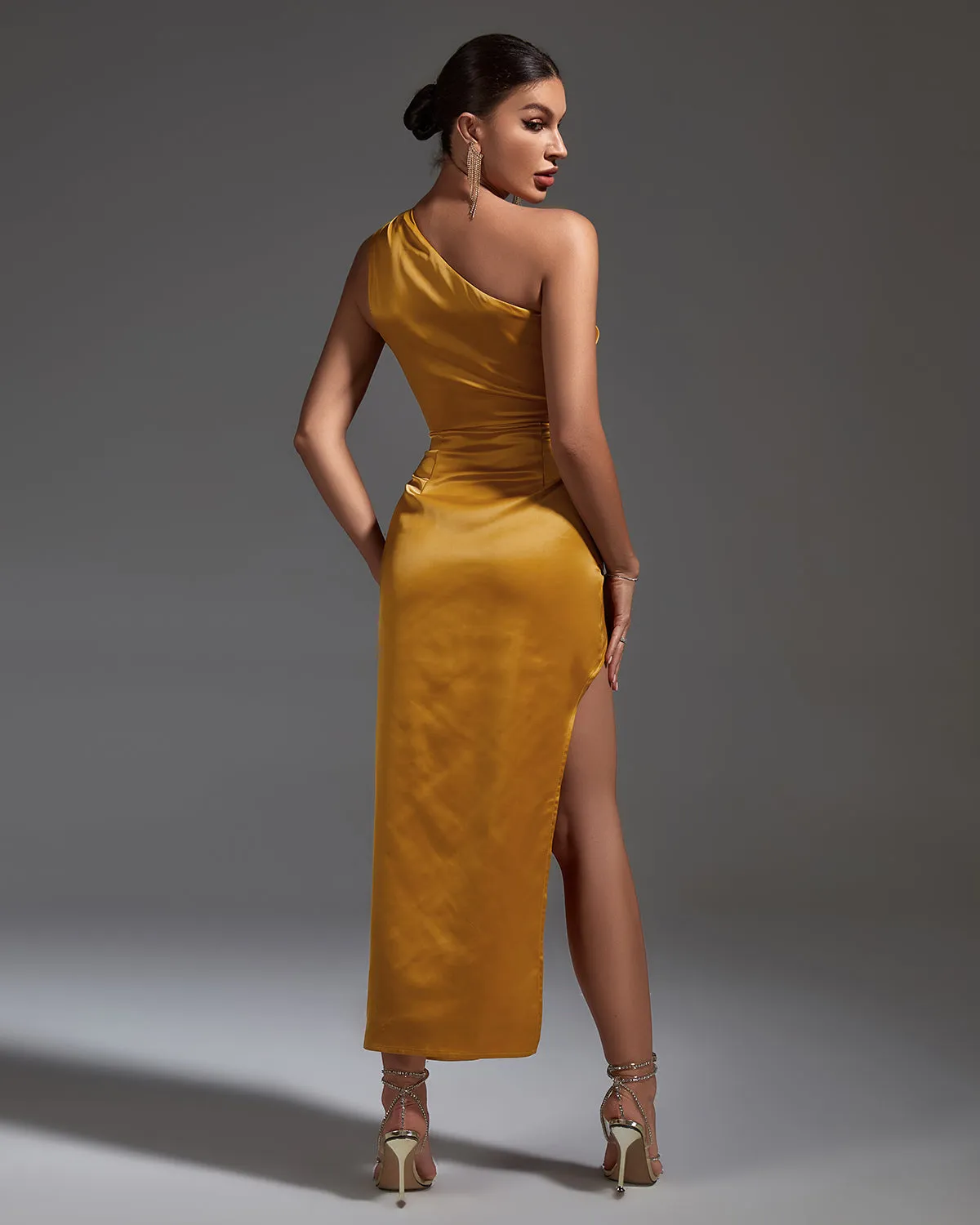 One Shoulder Satin Ruched Dress