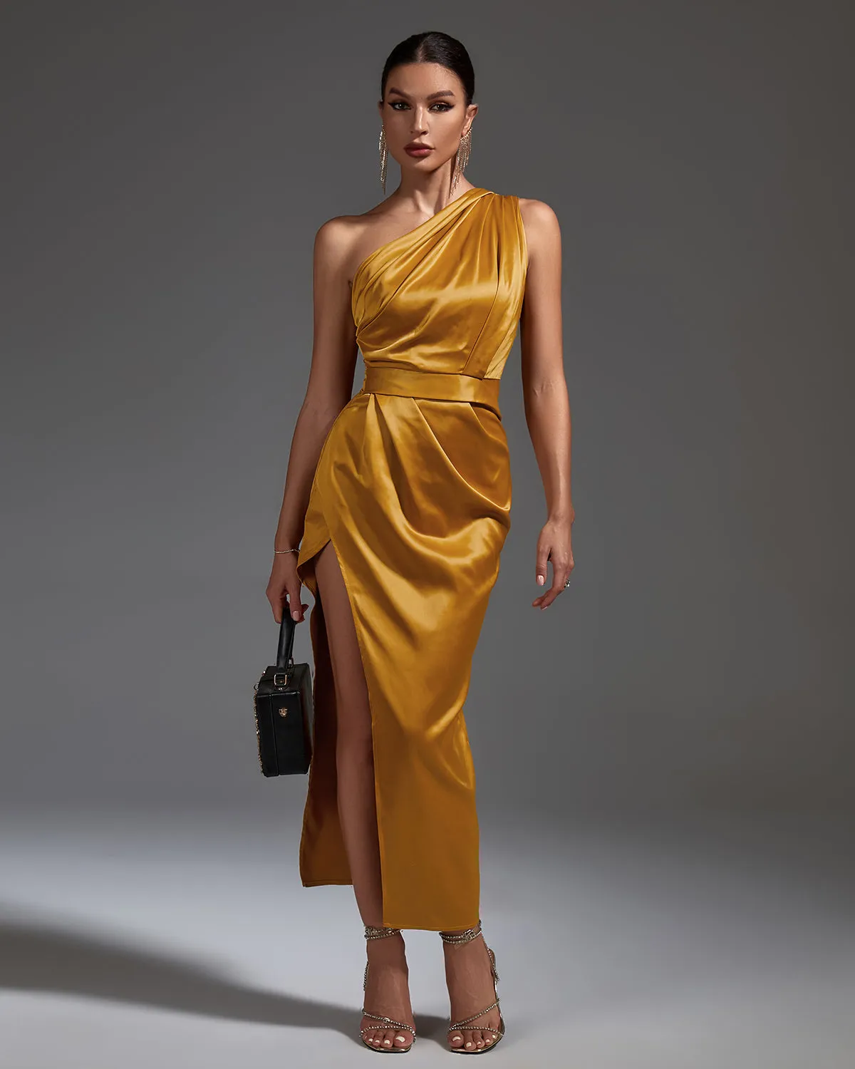 One Shoulder Satin Ruched Dress