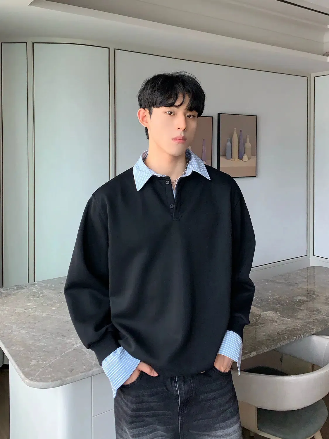 Patchwork Long-sleeve Polo Sweatshirt