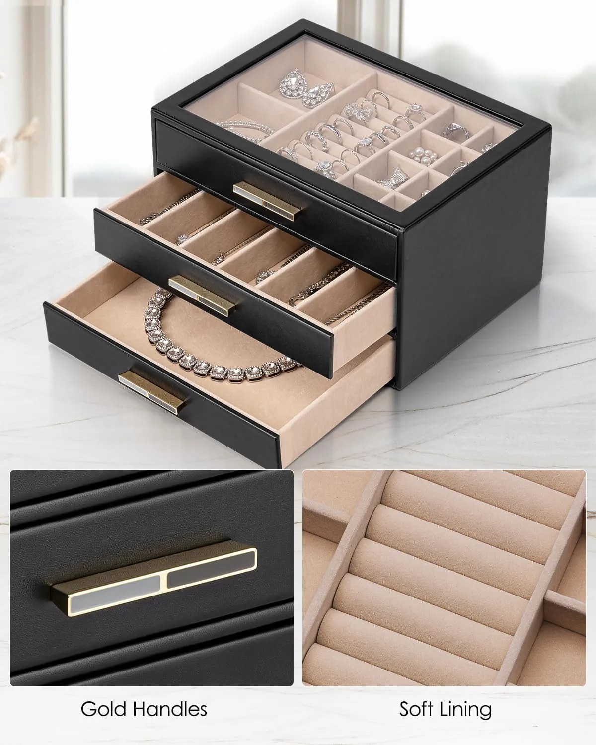 PU leather Jewelry Organizer with 3 Drawers & Glass Lid, Black
