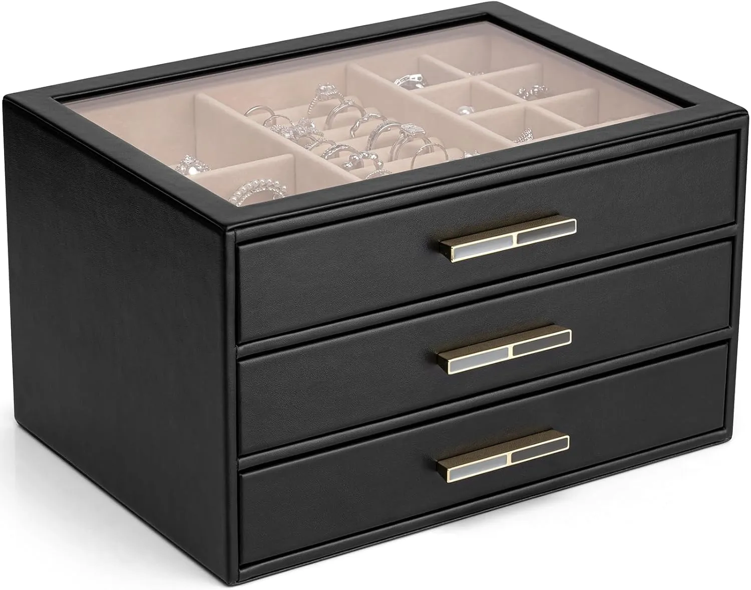 PU leather Jewelry Organizer with 3 Drawers & Glass Lid, Black