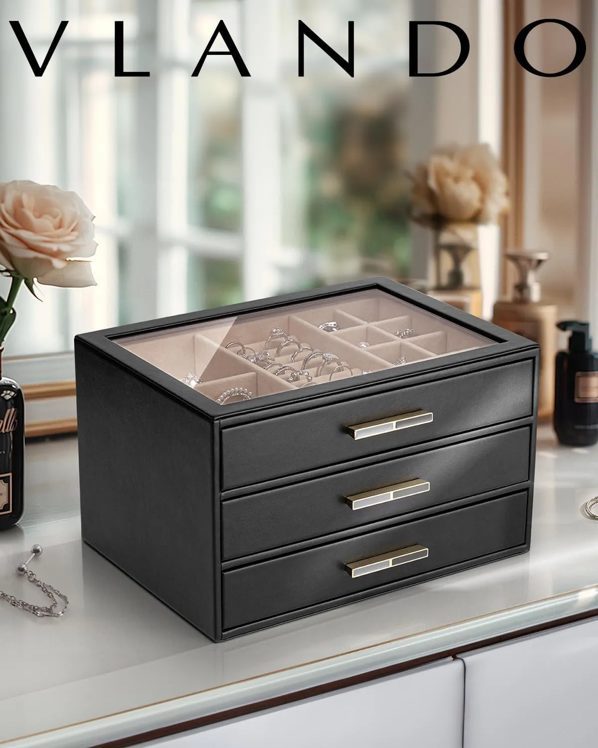 PU leather Jewelry Organizer with 3 Drawers & Glass Lid, Black