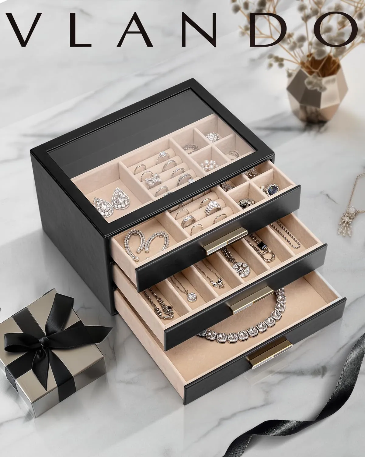 PU leather Jewelry Organizer with 3 Drawers & Glass Lid, Black
