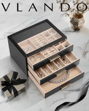 PU leather Jewelry Organizer with 3 Drawers & Glass Lid, Black