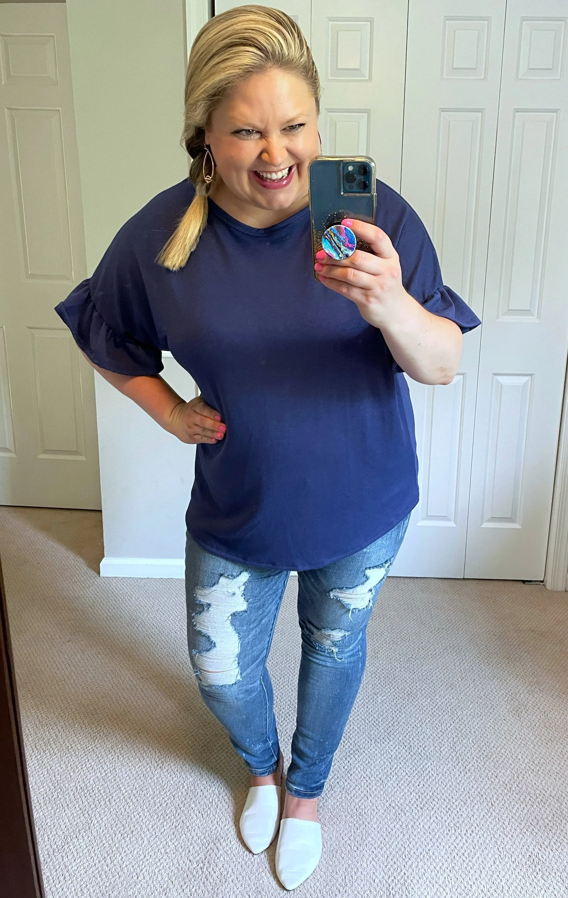 Ruffle-Sleeved Top with Open Back & Gathered Twist in Navy