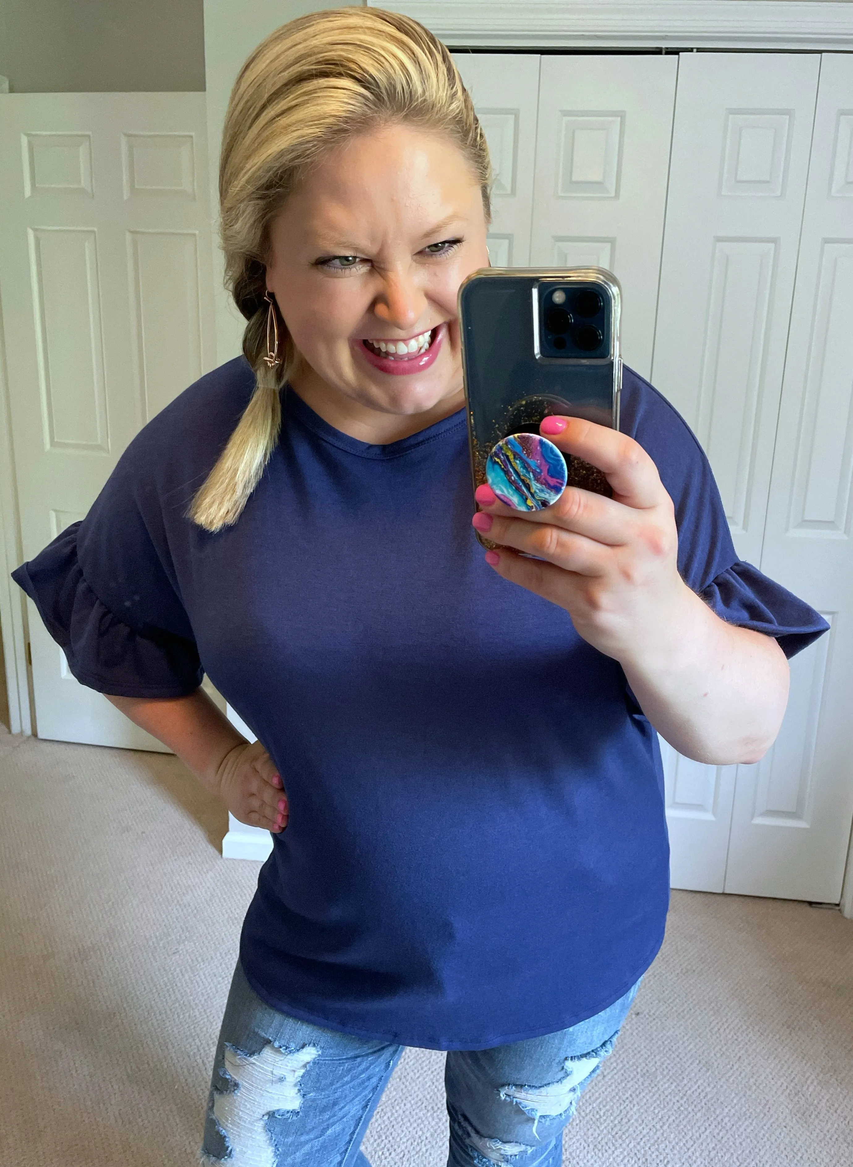 Ruffle-Sleeved Top with Open Back & Gathered Twist in Navy