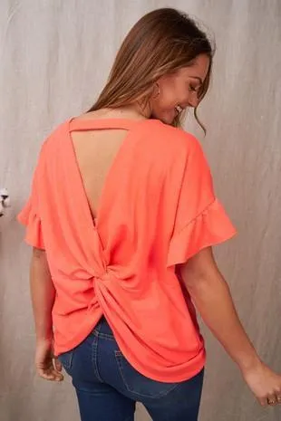 Ruffle-Sleeved Top with Open Back & Gathered Twist in Neon Coral
