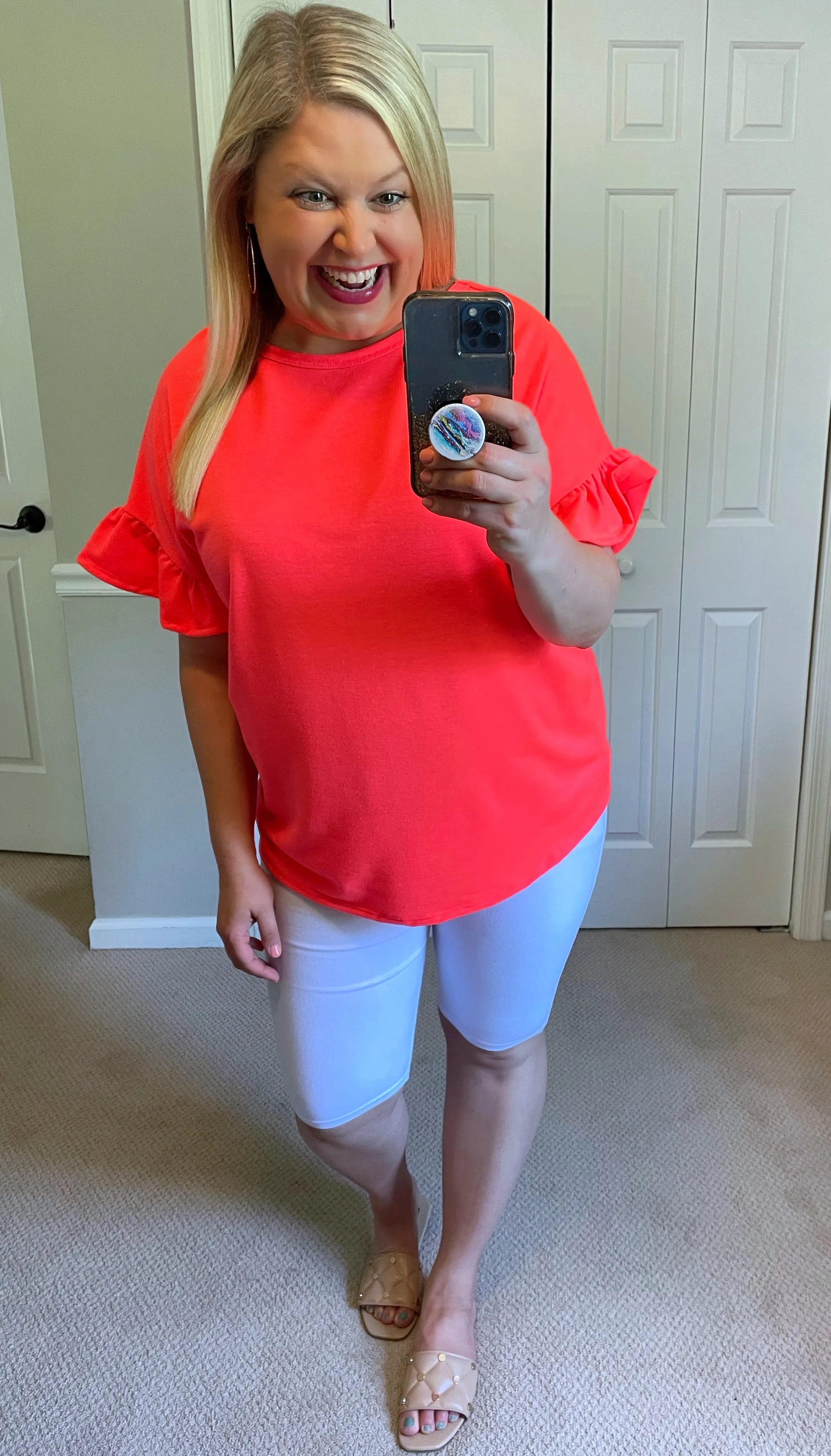 Ruffle-Sleeved Top with Open Back & Gathered Twist in Neon Coral