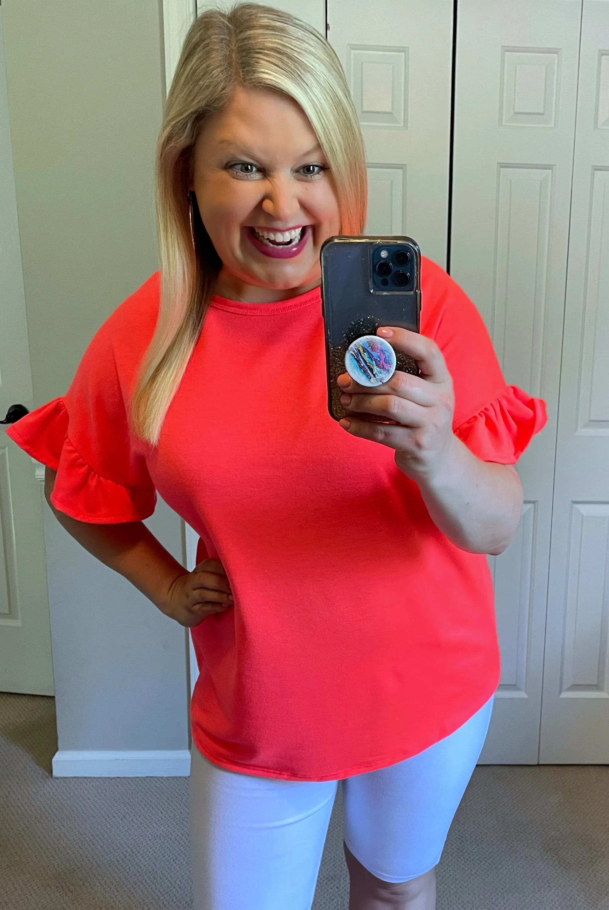 Ruffle-Sleeved Top with Open Back & Gathered Twist in Neon Coral