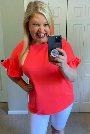 Ruffle-Sleeved Top with Open Back & Gathered Twist in Neon Coral