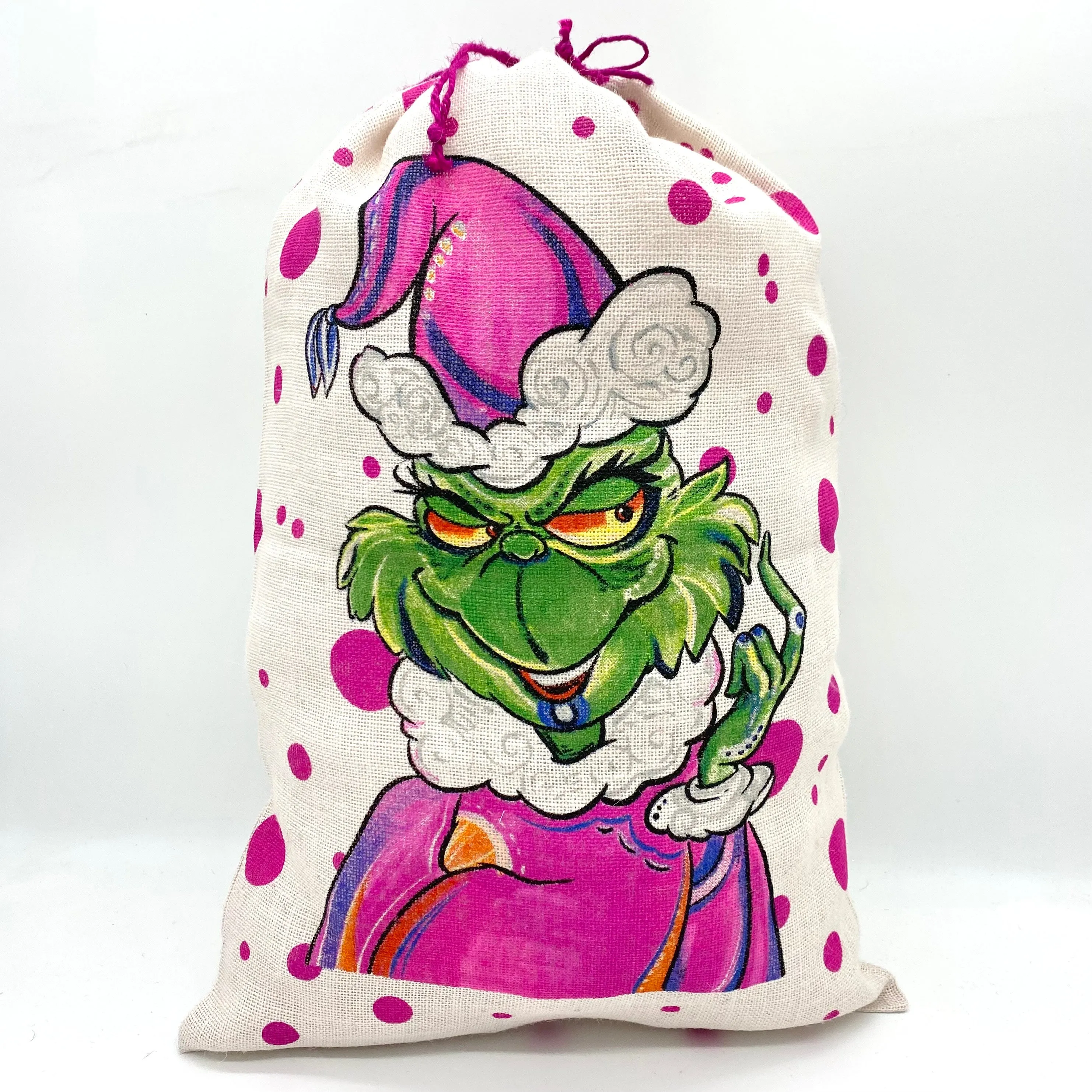 SANTA SACK PINK WITH GREEN MONSTER IN JUTE