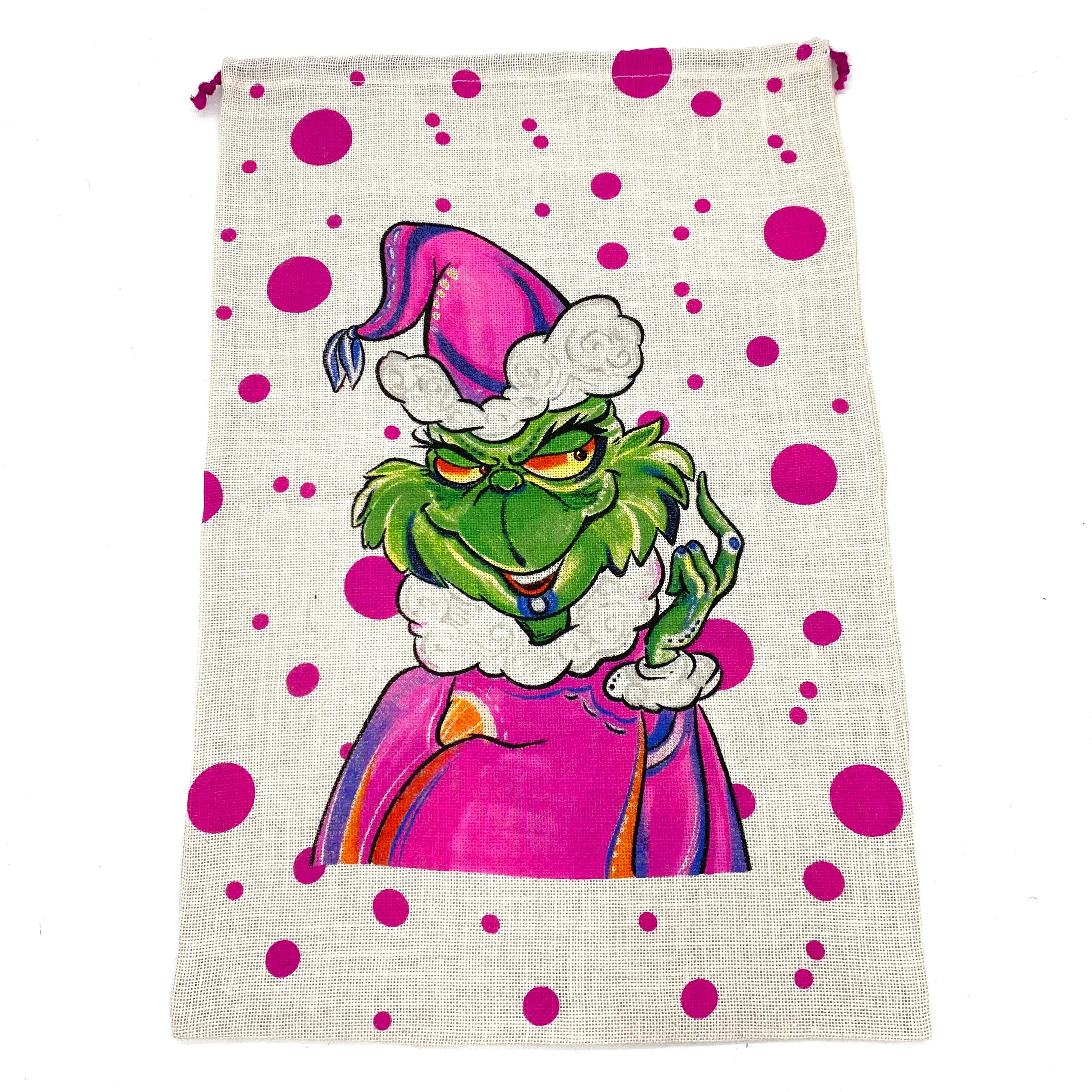 SANTA SACK PINK WITH GREEN MONSTER IN JUTE