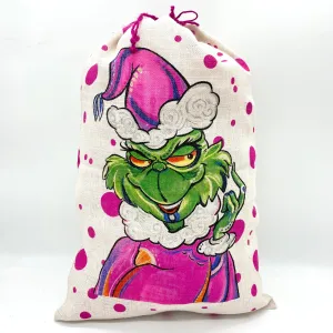 SANTA SACK PINK WITH GREEN MONSTER IN JUTE