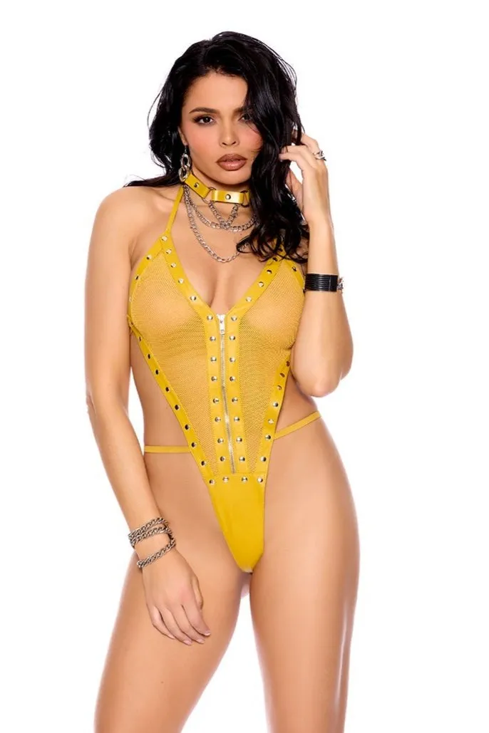Seductive Leather and Fishnet Teddy with Studs