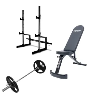 Set - Squat Rack, Adjustable Bench, 20kgs Olympic Barbell And 20kg Olympic Weights Collars