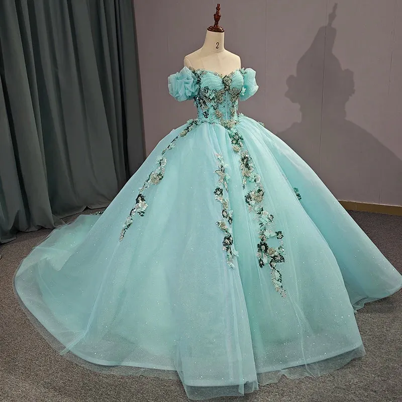 Stylish Cap Sleeve Sweetheart Evening Party Dress Quinceanera Dresses with 3D Appliques