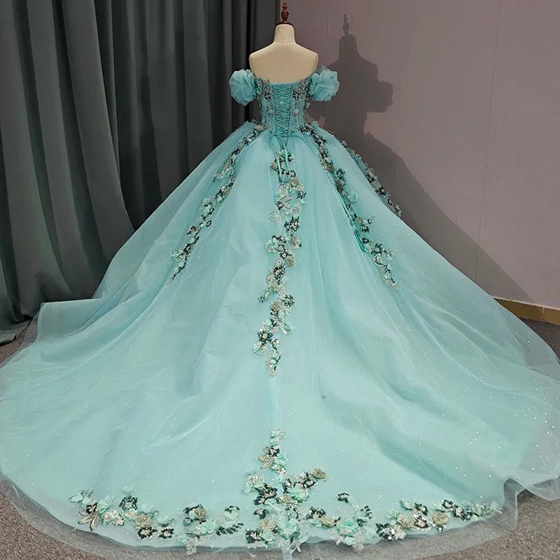 Stylish Cap Sleeve Sweetheart Evening Party Dress Quinceanera Dresses with 3D Appliques