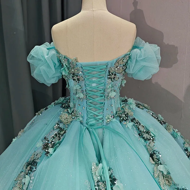 Stylish Cap Sleeve Sweetheart Evening Party Dress Quinceanera Dresses with 3D Appliques