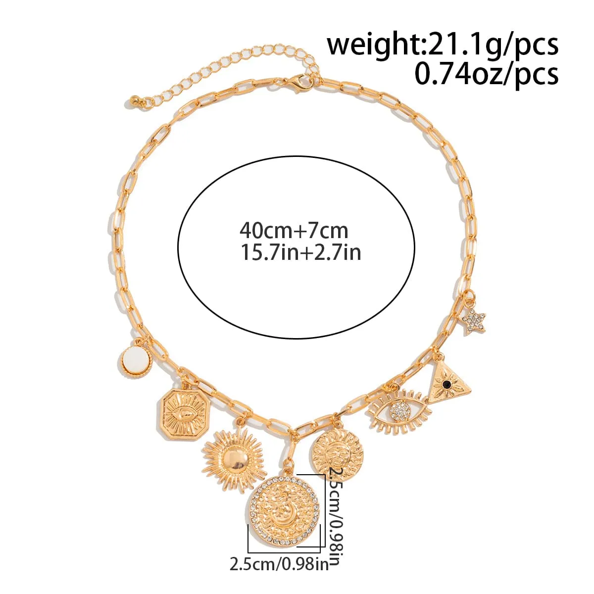 Stylish Rhinestone Inlaid Sun Star Round Disk Tassel Cable Chain Necklace