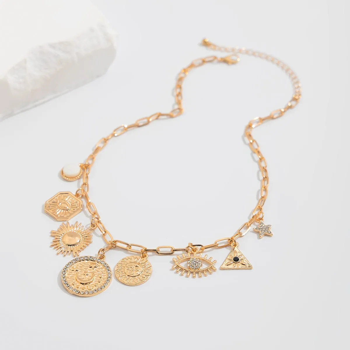 Stylish Rhinestone Inlaid Sun Star Round Disk Tassel Cable Chain Necklace