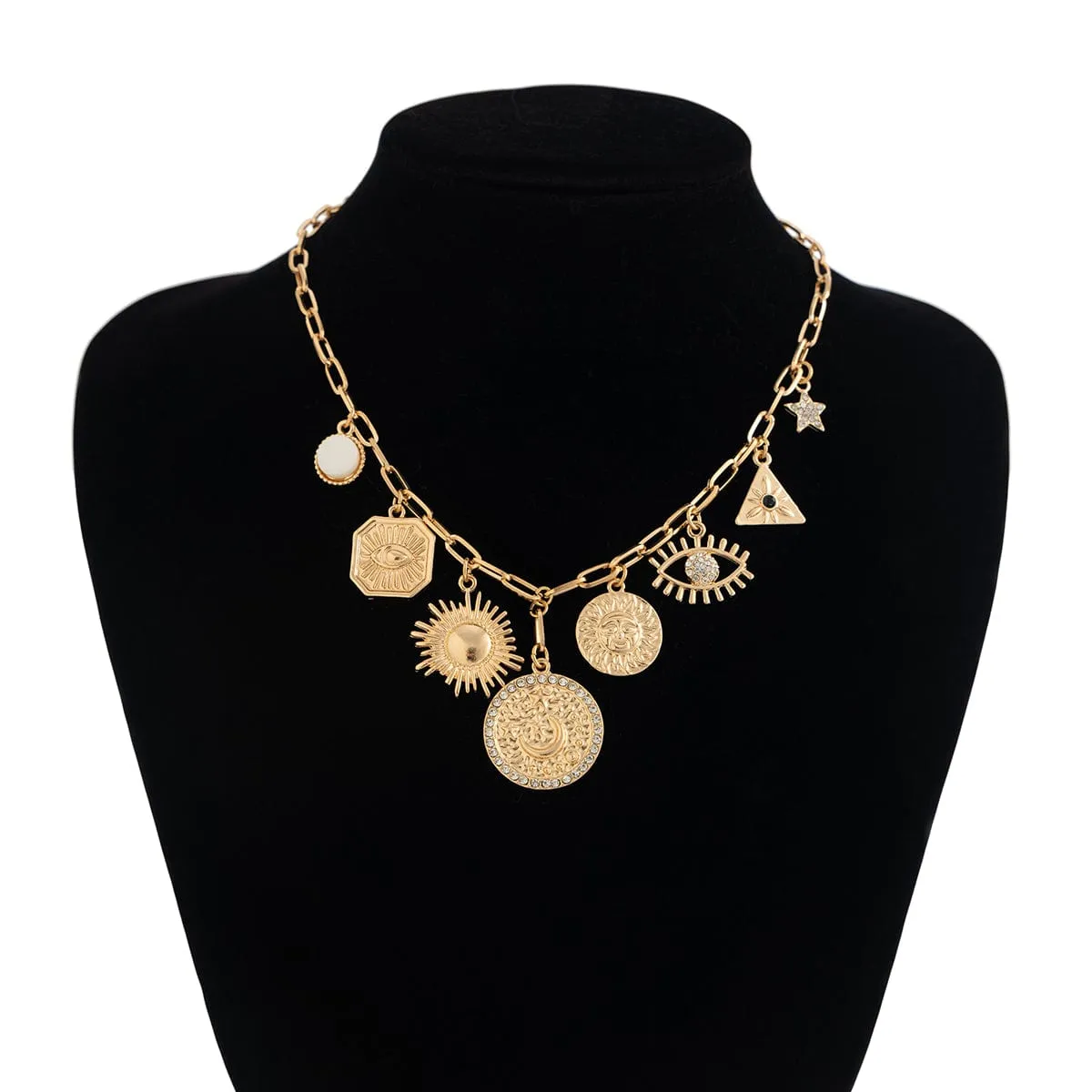 Stylish Rhinestone Inlaid Sun Star Round Disk Tassel Cable Chain Necklace