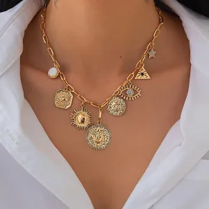 Stylish Rhinestone Inlaid Sun Star Round Disk Tassel Cable Chain Necklace