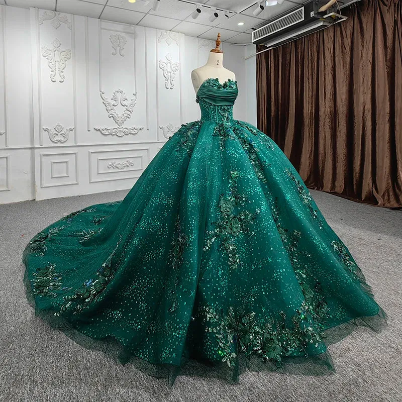 Stylish Strapless Appliques Ball Gown Sequins Court Train Evening Party Dresses