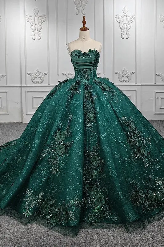 Stylish Strapless Appliques Ball Gown Sequins Court Train Evening Party Dresses