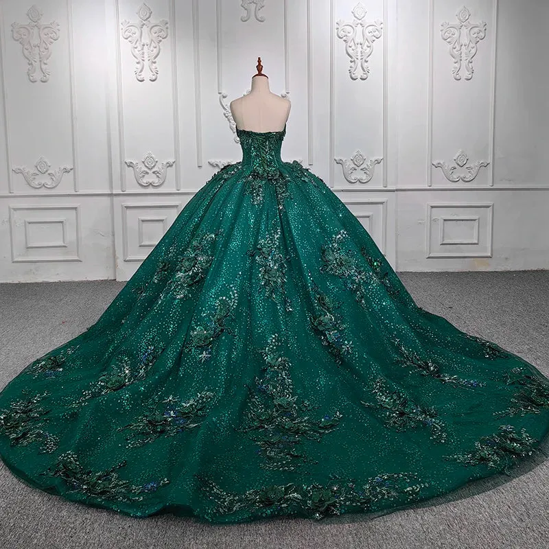 Stylish Strapless Appliques Ball Gown Sequins Court Train Evening Party Dresses