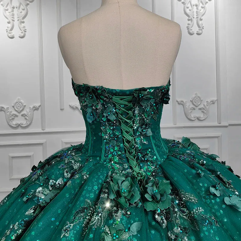 Stylish Strapless Appliques Ball Gown Sequins Court Train Evening Party Dresses