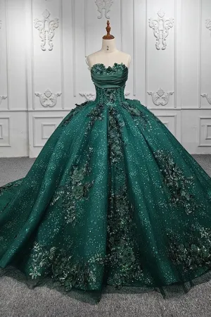 Stylish Strapless Appliques Ball Gown Sequins Court Train Evening Party Dresses