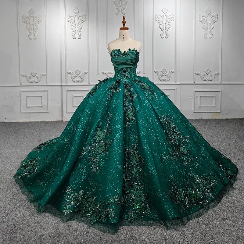 Stylish Strapless Appliques Ball Gown Sequins Court Train Evening Party Dresses